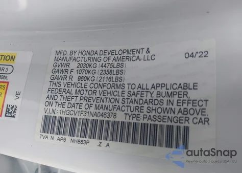 2022 Honda Accord Sport z USA, uszkodzony, nr VIN 1HGCV1F31NA046378